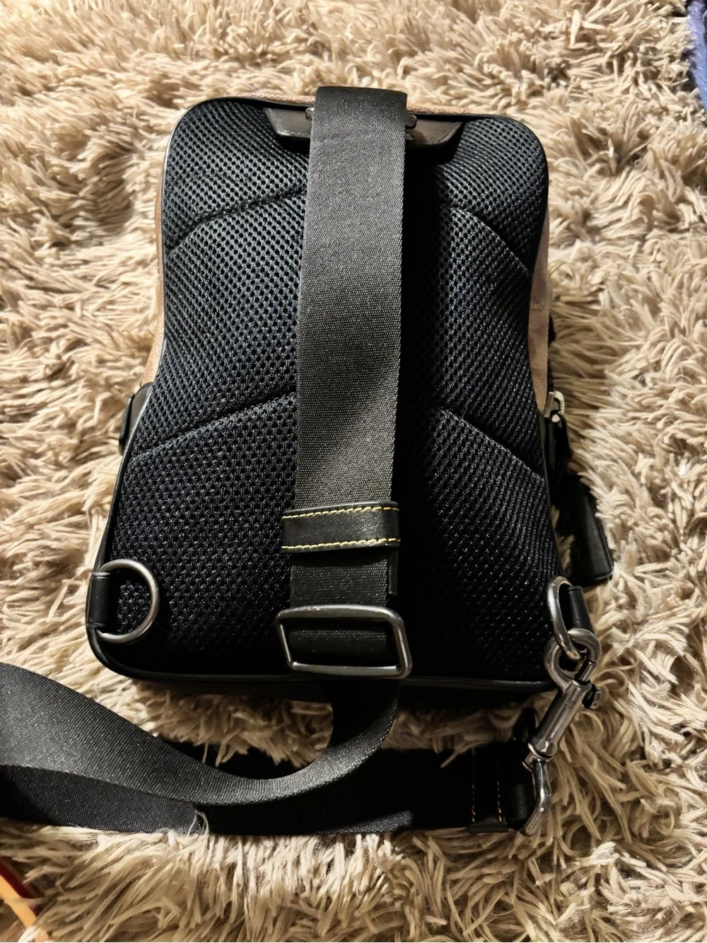 COACH Brown Signature Canvas Messenger Crossbody Bag with Black Leather Badge